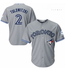 Mens Majestic Toronto Blue Jays 2 Troy Tulowitzki Replica Grey Road 40th Anniversary Patch MLB Jersey