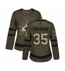 Womens Adidas Dallas Stars 35 Anton Khudobin Authentic Green Salute to Service NHL Jersey 