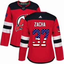 Womens Adidas New Jersey Devils 37 Pavel Zacha Authentic Red USA Flag Fashion NHL Jersey 