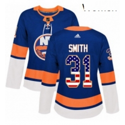 Womens Adidas New York Islanders 31 Billy Smith Authentic Royal Blue USA Flag Fashion NHL Jersey 