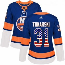 Womens Adidas New York Islanders 31 Dustin Tokarski Authentic Royal Blue USA Flag Fashion NHL Jersey 