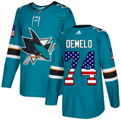 Mens Adidas San Jose Sharks 74 Dylan DeMelo Authentic Teal Green USA Flag Fashion NHL Jersey 