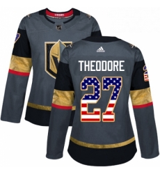 Womens Adidas Vegas Golden Knights 27 Shea Theodore Authentic Gray USA Flag Fashion NHL Jersey 