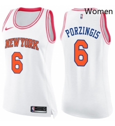 Womens Nike New York Knicks 6 Kristaps Porzingis Swingman WhitePink Fashion NBA Jersey 