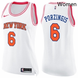 Womens Nike New York Knicks 6 Kristaps Porzingis Swingman WhitePink Fashion NBA Jersey 