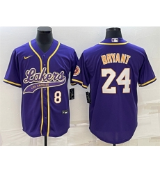 Men Los Angeles Lakers Front 8 Back 24 Kobe Bryant Purple Cool Base Stitched Baseball Jersey