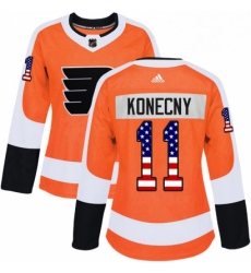 Womens Adidas Philadelphia Flyers 11 Travis Konecny Authentic Orange USA Flag Fashion NHL Jersey 