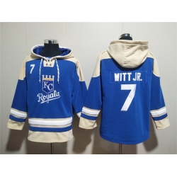 Men Kansas City Royals 7 Bobby Witt Jr  Blue Ageless Must Have Lace Up Pullover Hoodie