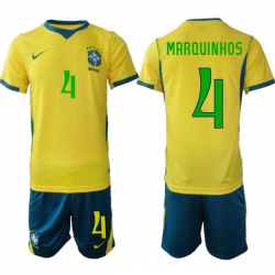 Men Brazil 2026 FIFA World Cup Yellow Home Soccer Jersey MARQUINHOS #4 Green