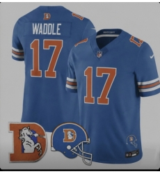 Denver Broncos, 17 Jaylen Waddle, Throwback 3 Times Champion Patch Vapor Limited All Stitched Blue Jersey