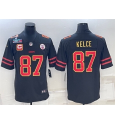 Men Kansas City Chiefs 87 Travis Kelce Black Red Gold Super Bowl LVII Patch And 4 Star C Patch Vapor Untouchable Limited Stitched Jersey