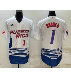 Mens Puerto Rico Baseball #1 Carlos Correa Number White 2023 World Baseball Classic Stitched Jersey