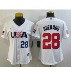 Womens USA Baseball 28 Nolan Arenado Number 2023 White World Classic Replica Stitched Jerseys