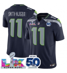 Women Seattle Seahawks 11 Jaxon Smith Njigba Navy 2025 F U S E  Super Bowl LX Patch And 50th Season Patch Vapor Limited Stitched Football Jersey 