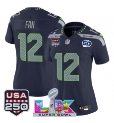 Women Seattle Seahawks 12 Fan Navy 2025 F U S E Super Bowl LX Patch And 50th Season 26 USA 250 27 Patch Vapor Limited Football Stitched Jersey Women Seattle Seahawks 12 Fan Navy 2025 F U S E Super Bowl LX Patch And 50th Season 26 USA 250 27 Patch Vapor Limited Football Stitched Jersey